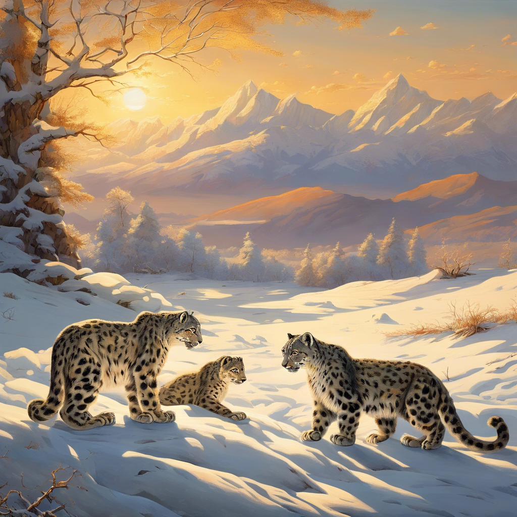 Sunset Snow Landscape with Playful Snow Leopards