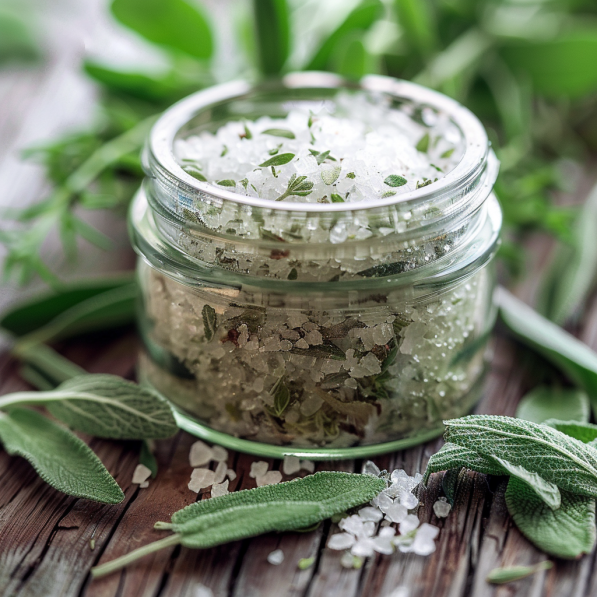 Rustic glass filled with aromatic herbal salt